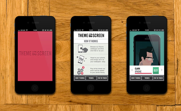 Theme My Screen work shown on three mobile view mockups
